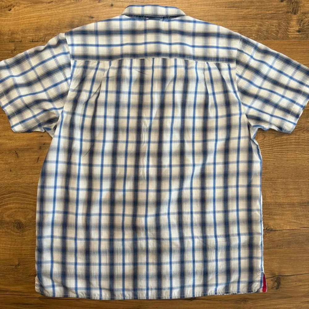 The North Face Mens Large Button Up Blue White Plaid SS Outdoor Casual READ‎